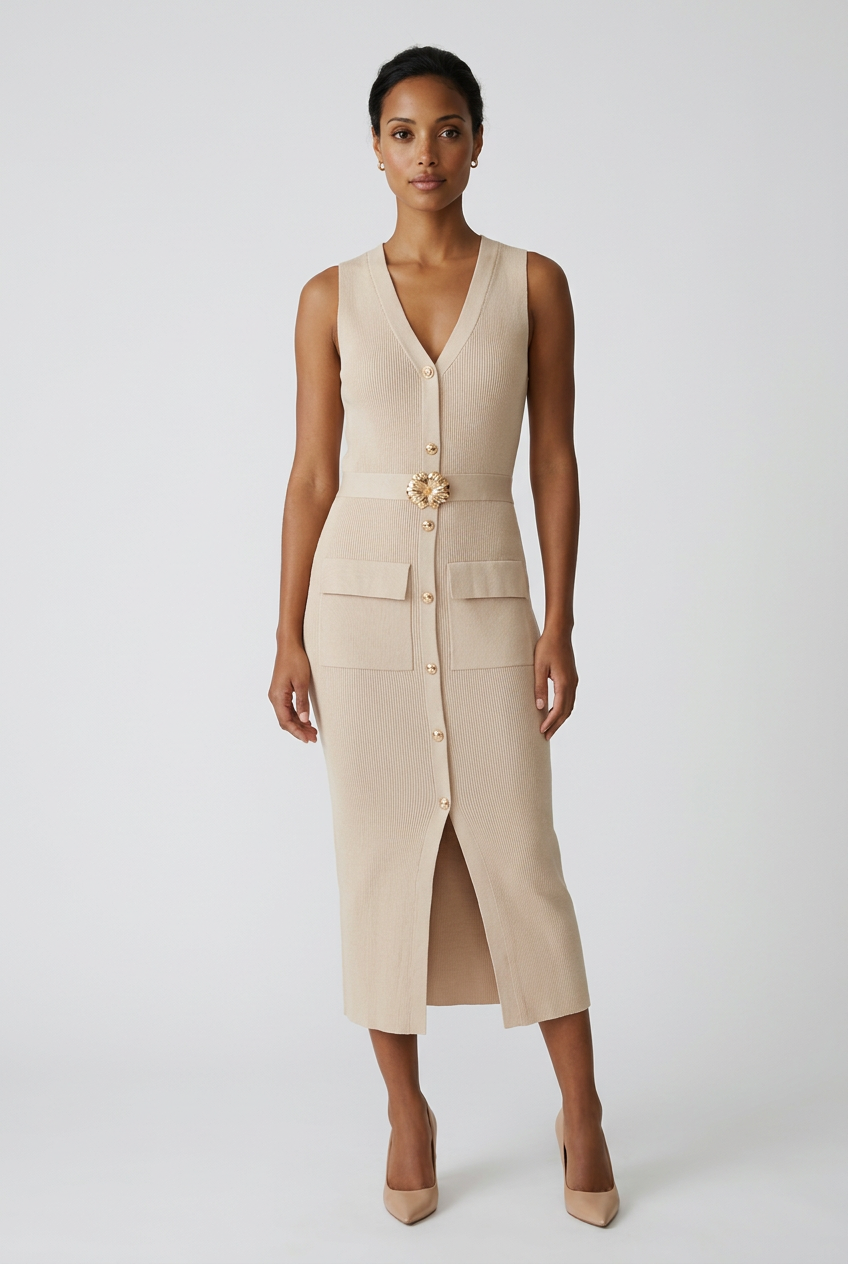 Apricot Knit Dress with Flower Belt