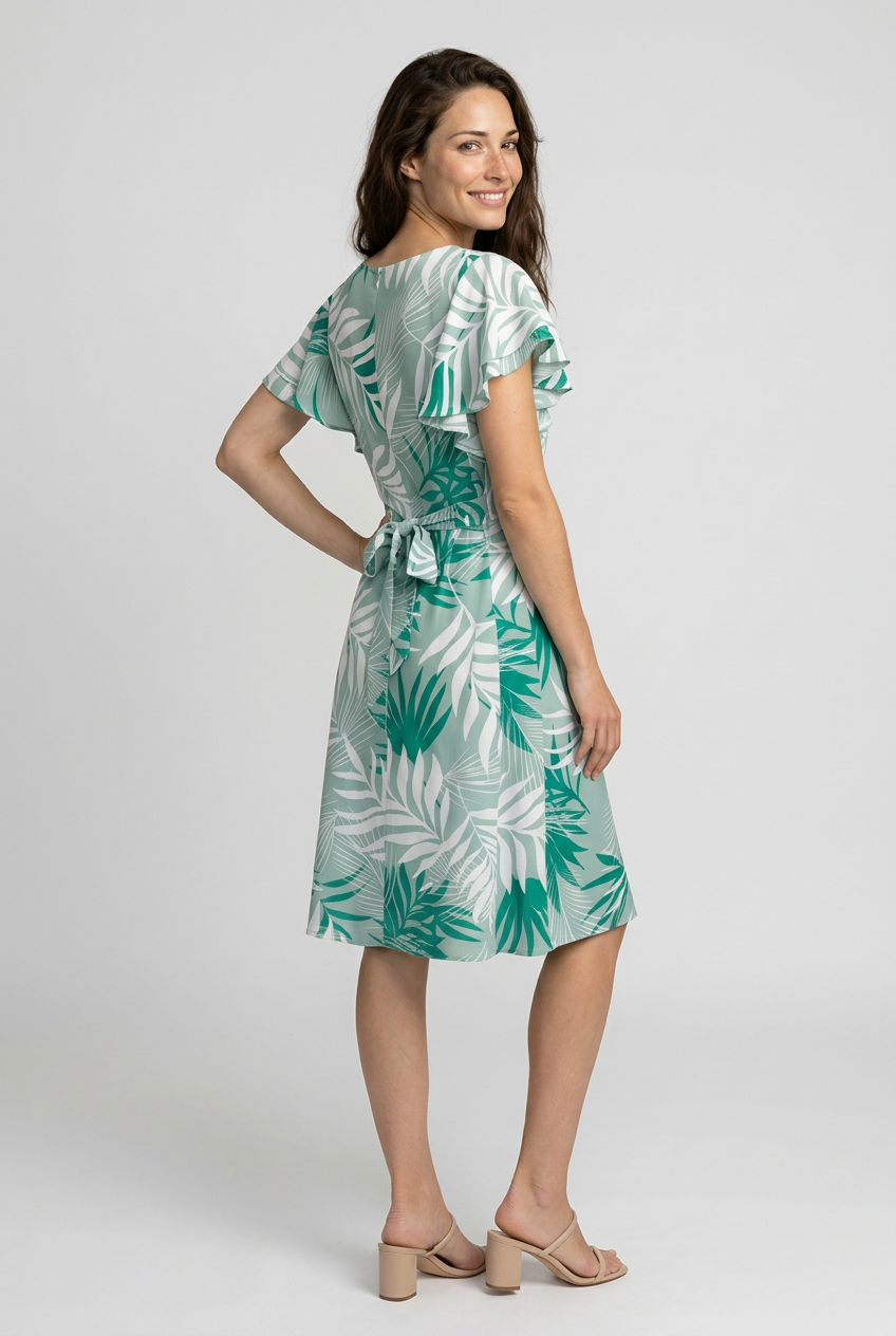 Green Leaf Print Cap Sleeve Dress