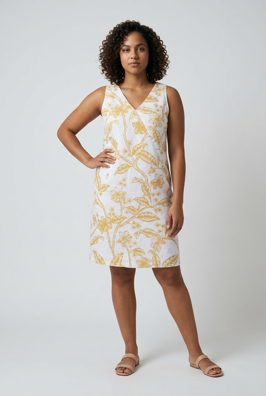 Size 16 / 2XL Yellow and White Linen Blend Shift Dress