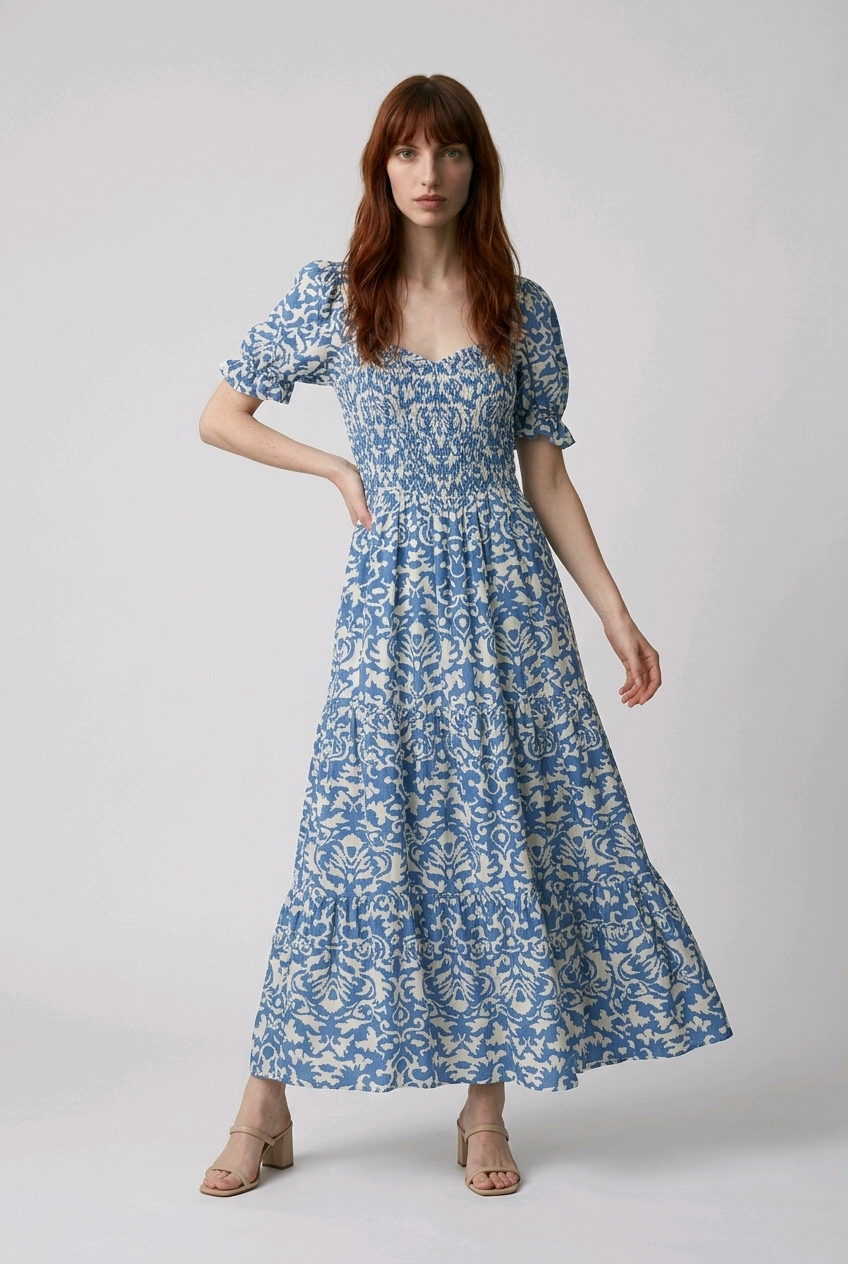 Size L/XL / Blue Floral Smock Maxi Dress