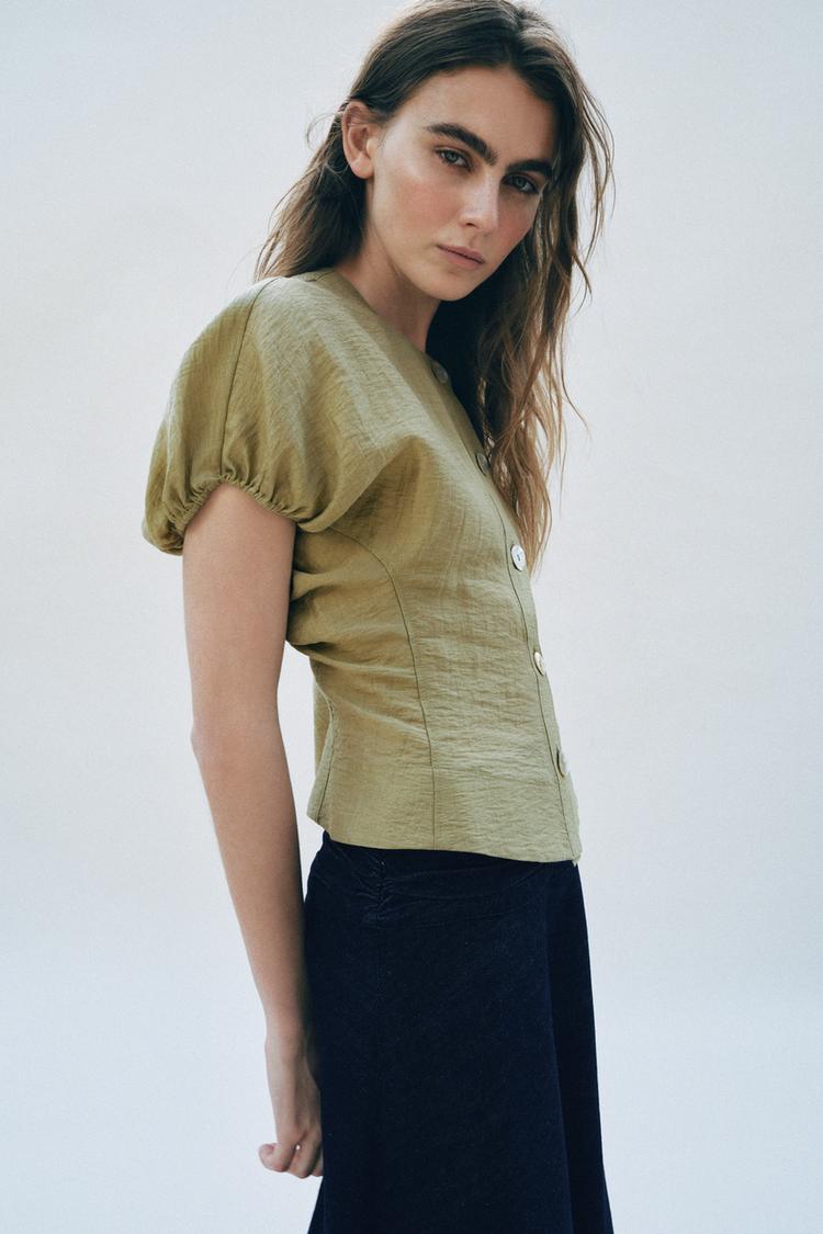 Olive Puff Sleeve Tailored Top