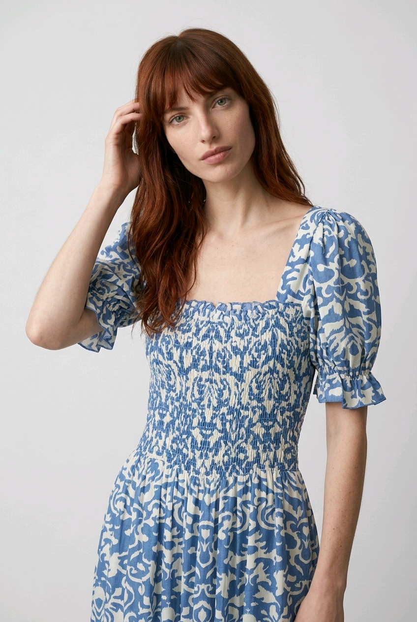 Size L/XL / Blue Floral Smock Maxi Dress