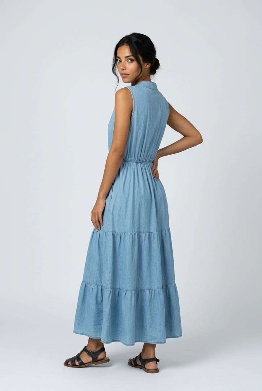 Lightweight Denim Collared Tiered Maxi Dress
