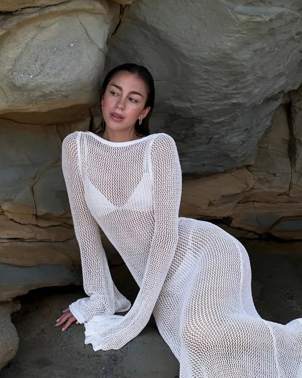 Crochet Long Sleeve Low Back Maxi Dress