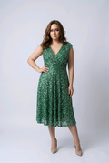 Green and Silver Faux Wrap Midi Dress