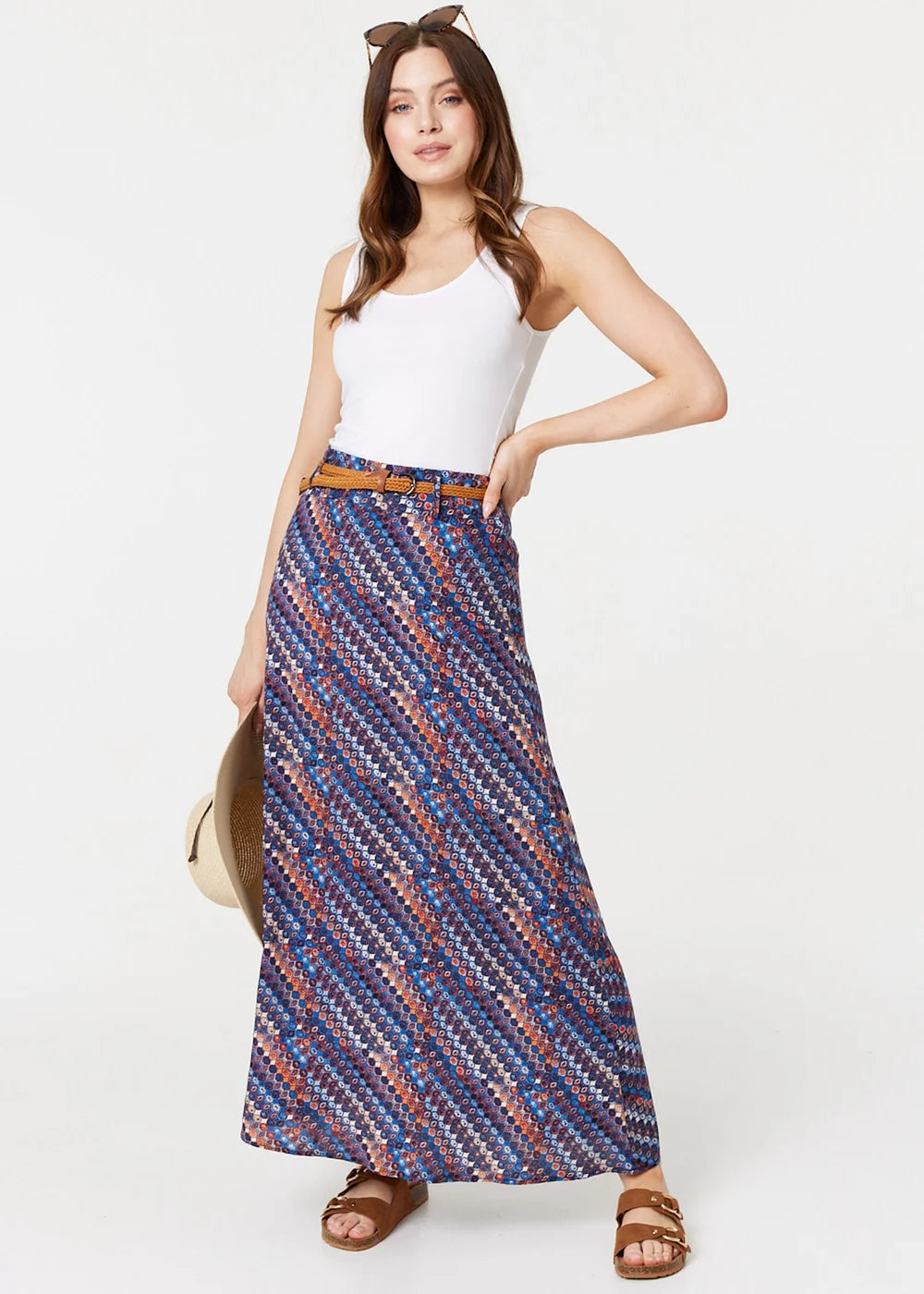 Navy Printed Belt Detail Maxi Skirt