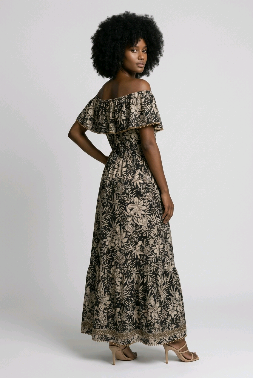 Floral Off-the-shoulder Maxi Dress - Black
