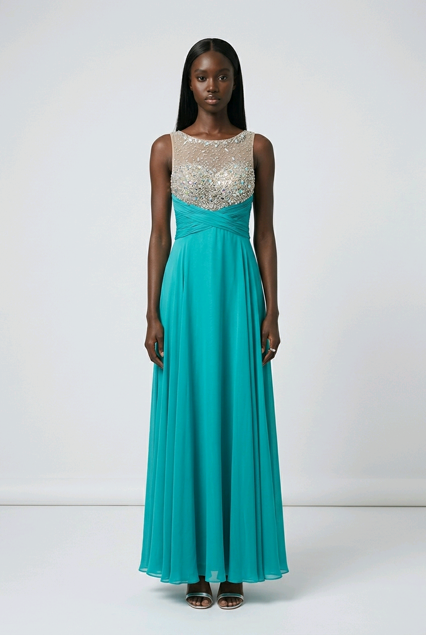 Beaded Bodice Teal Blue Open Back Chiffon Maxi Dress Clothing Lounge Co. Beaded Bodice Teal Blue Open Back Chiffon Maxi Dress Clothing Lounge Co.