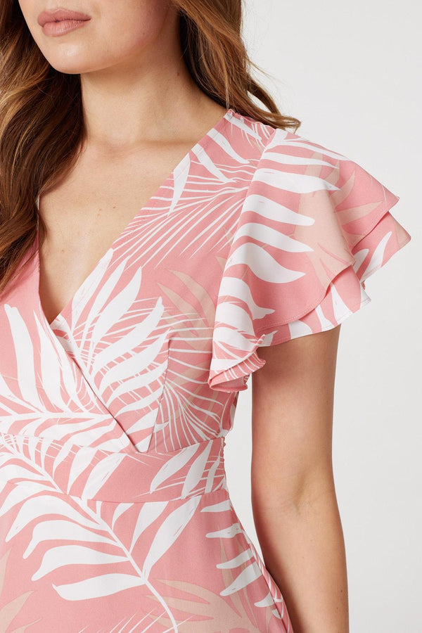 Pink Leaf Print Cap Sleeve Dress