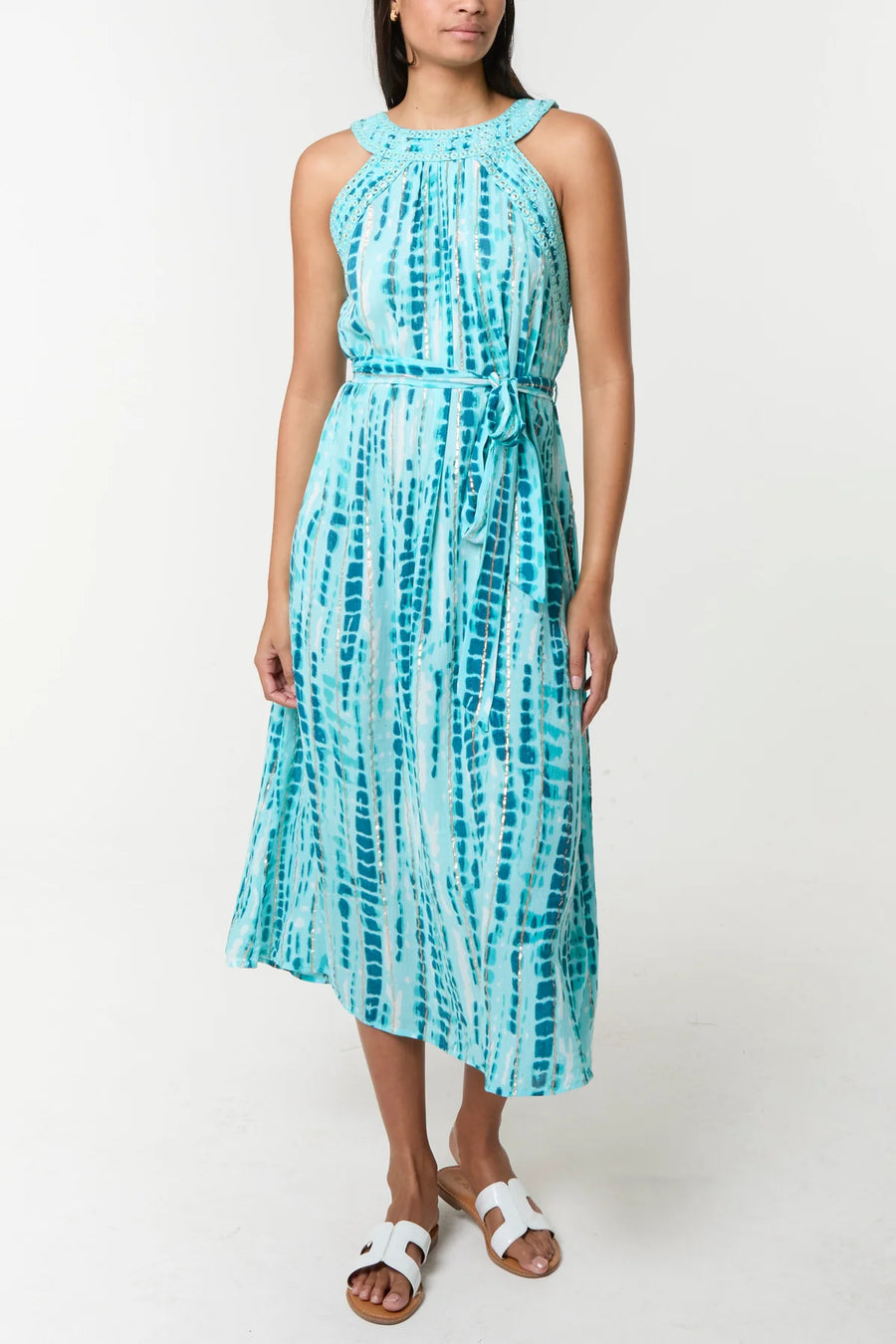 Tye Dye Halter neck Midi Dress - Aqua
