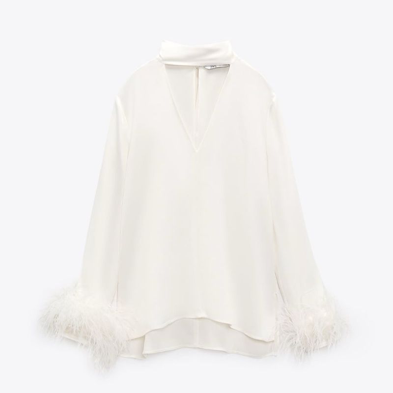 Satin Blouse with Removable Feather Cuffs