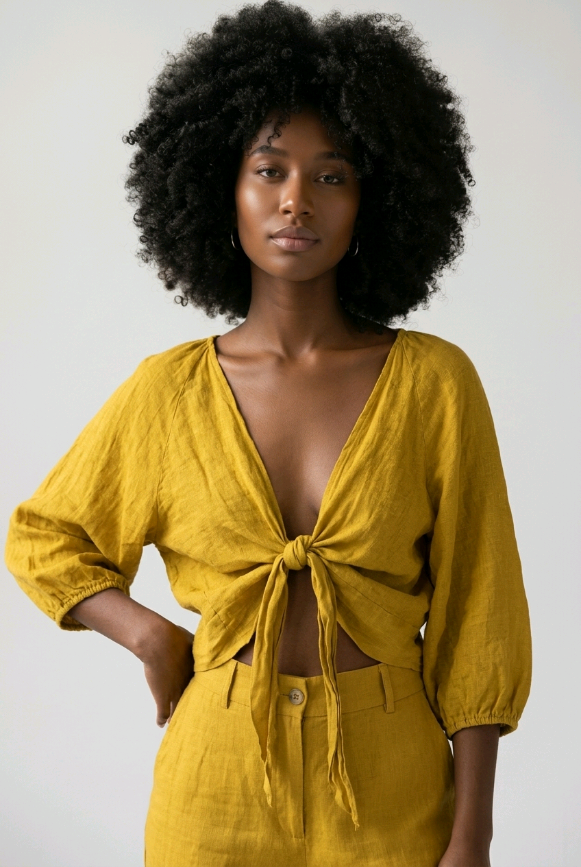 Mustard Linen Front Tie Top