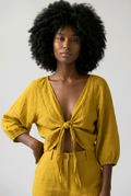 Mustard Linen Front Tie Top