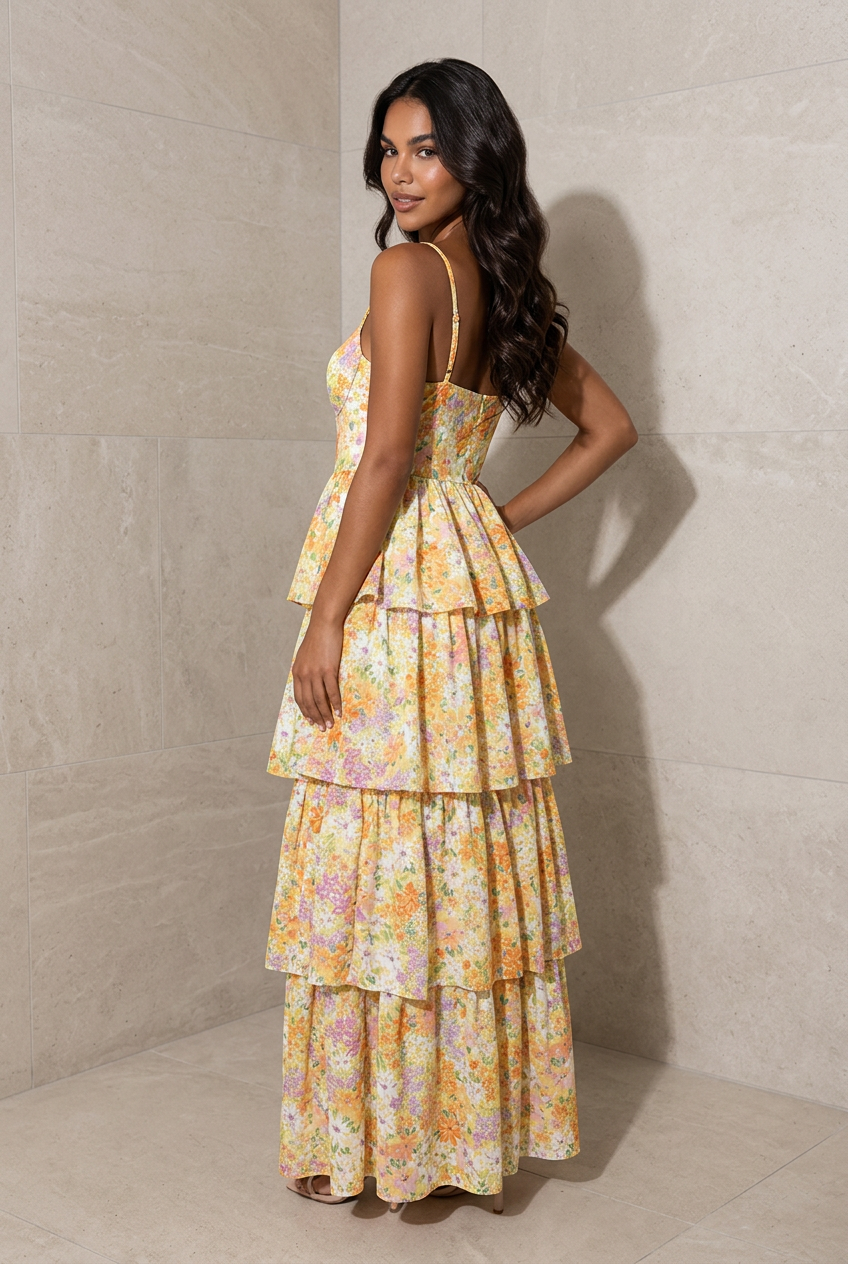Sunshine Yellow Tiered Satin Maxi Dress with Slit