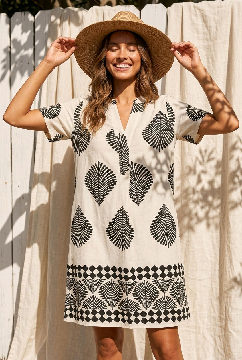Cream and Black Paisley Tunic Dress