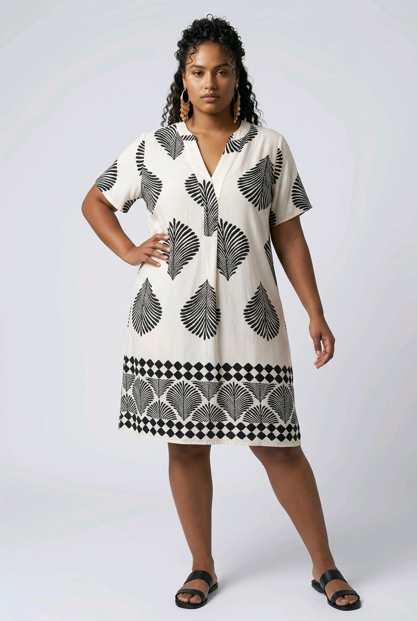 Cream and Black Paisley Tunic Dress