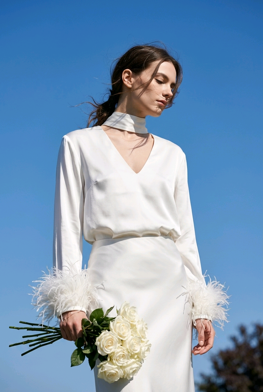 Satin Blouse with Removable Feather Cuffs