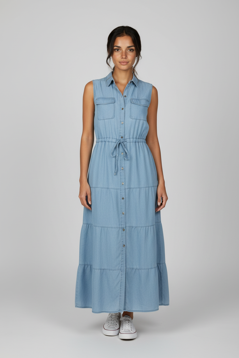 Lightweight Denim Collared Tiered Maxi Dress