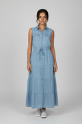 Lightweight Denim Collared Tiered Maxi Dress