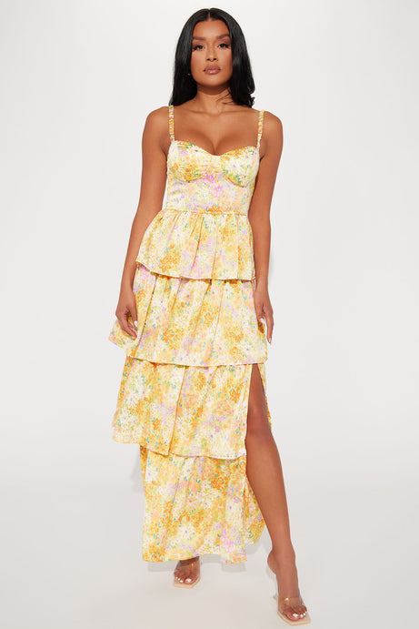 Sunshine Yellow Tiered Satin Maxi Dress with Slit