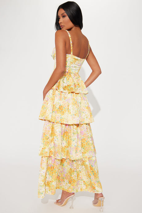 Sunshine Yellow Tiered Satin Maxi Dress with Slit