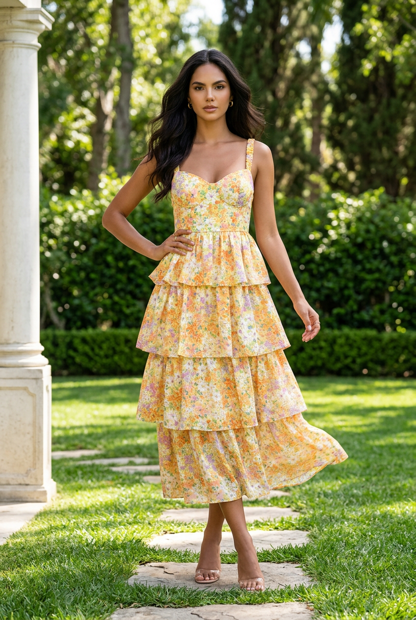 Sunshine Yellow Tiered Satin Maxi Dress with Slit
