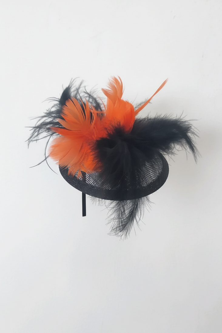 Black and Orange Feather Fascinator Clip