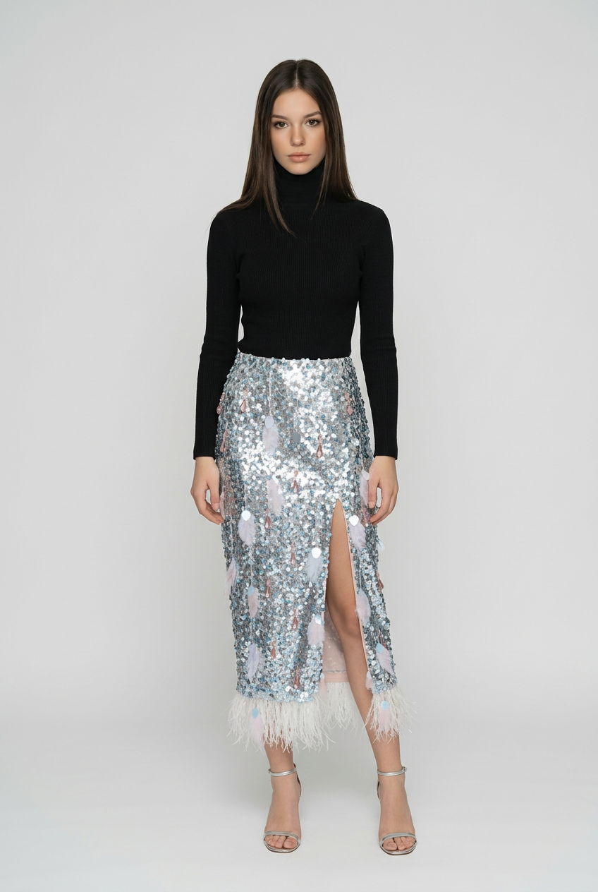 Teardrop Sequin Skirt with Feather Trim