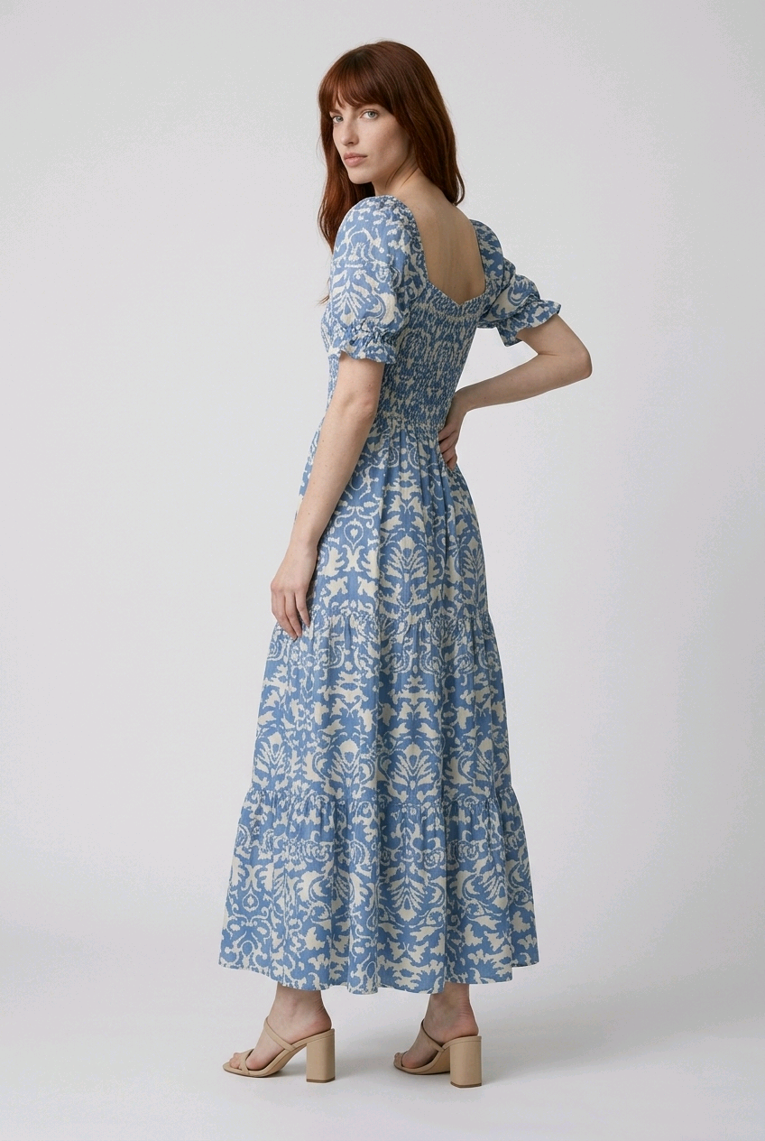 Size L/XL / Blue Floral Smock Maxi Dress