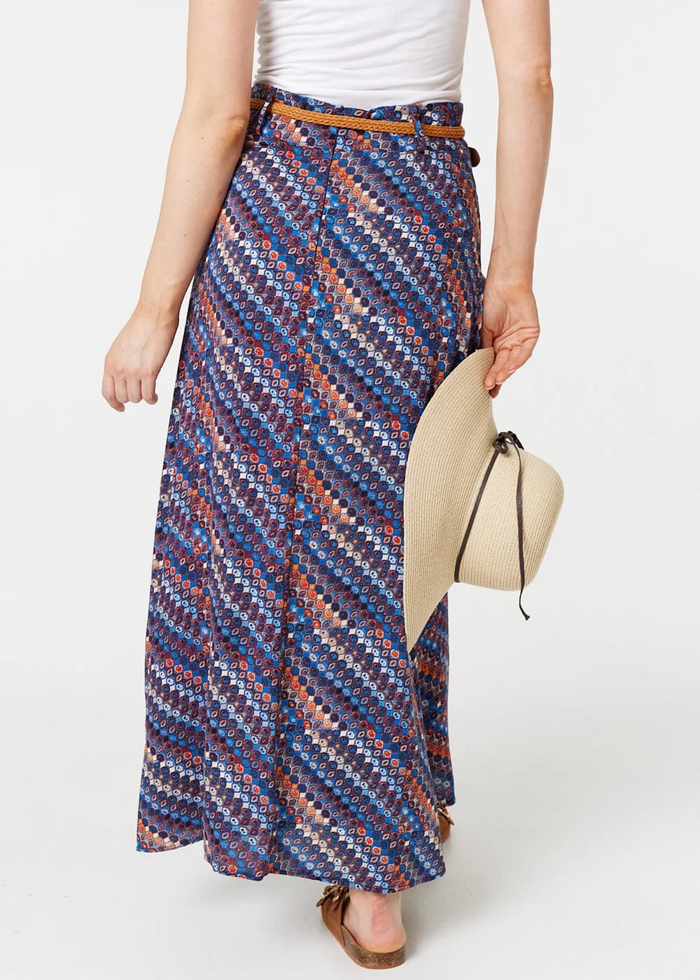 Navy Printed Belt Detail Maxi Skirt