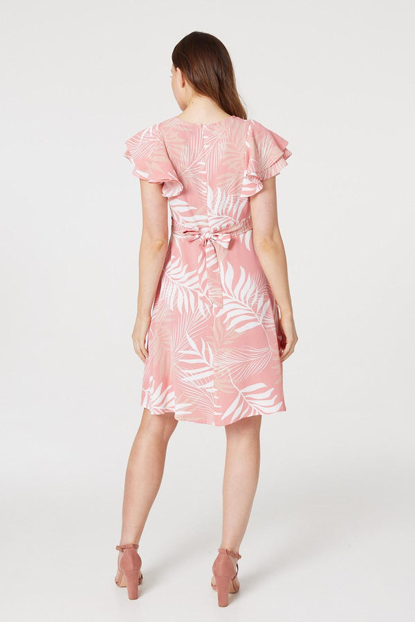 Pink Leaf Print Cap Sleeve Dress