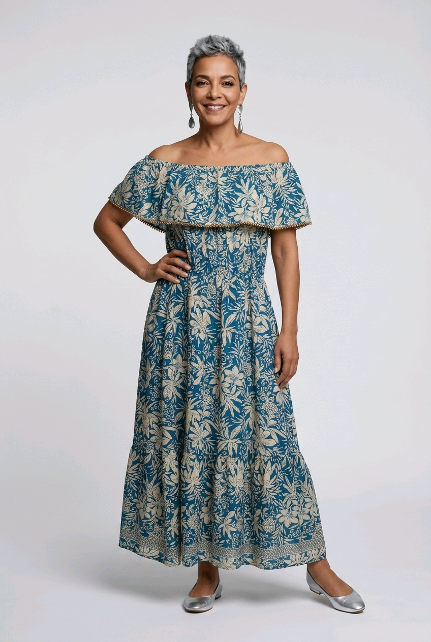 Floral Off-the-shoulder Maxi Dress - Blue