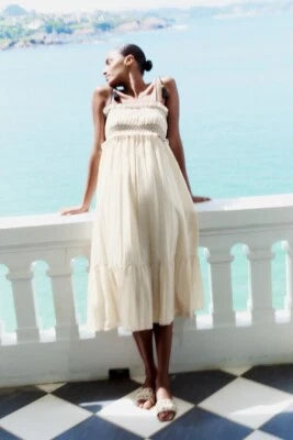 Light Beige and Black Midi Dress with Stretch Top