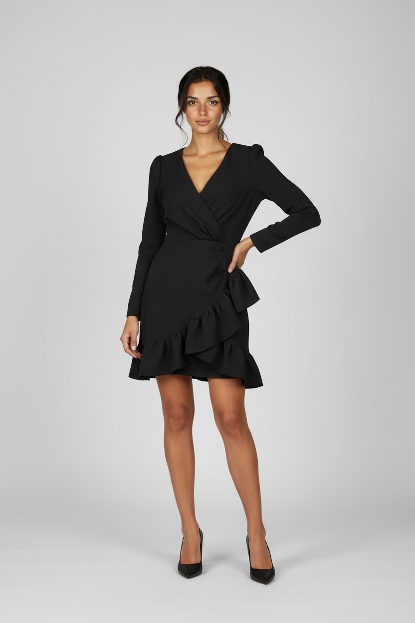 Long Sleeve Wrap Minidress with Frill
