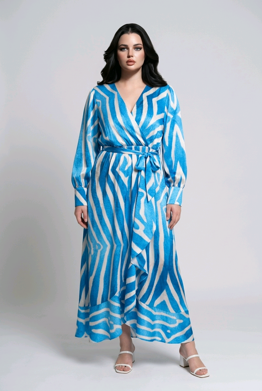 Satin Zebra Wrap Dress - Blue