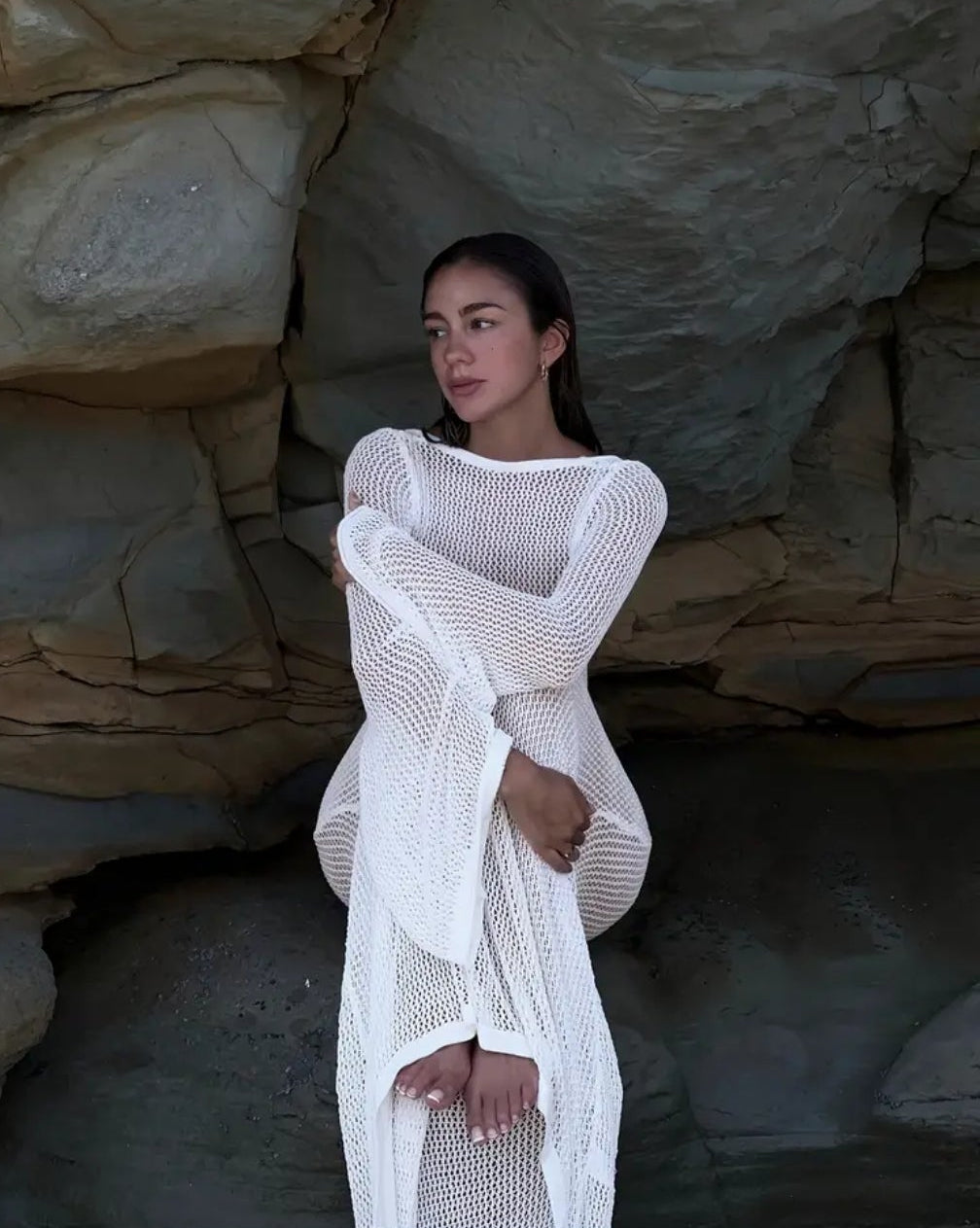 Crochet Long Sleeve Low Back Maxi Dress