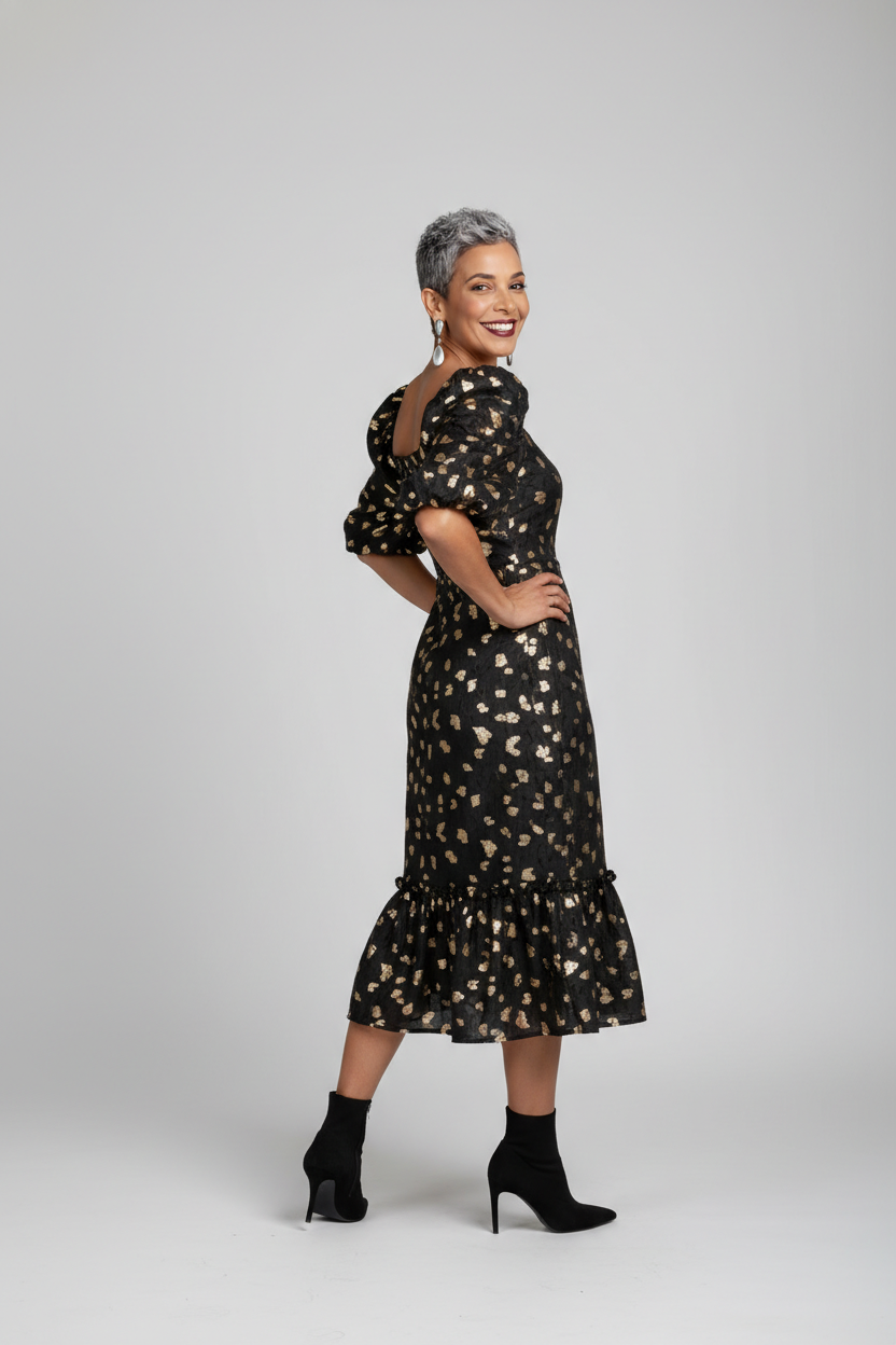 Puff Sleeve Gold Metallic Spot Midi Dress