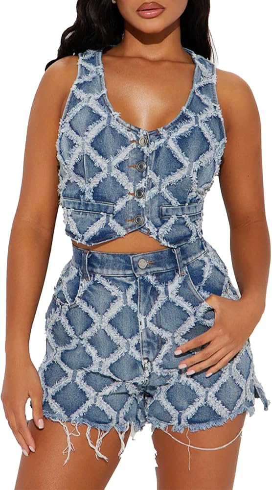 Denim Diamond Waistcoat and Shorts Set