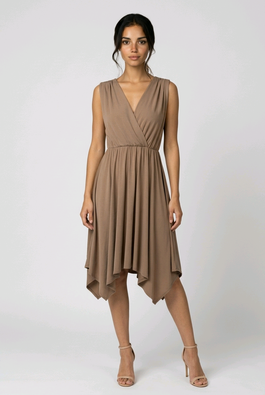 Grecian Asymmetrical Taupe Drape Dress