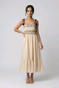Light Beige and Black Midi Dress with Stretch Top