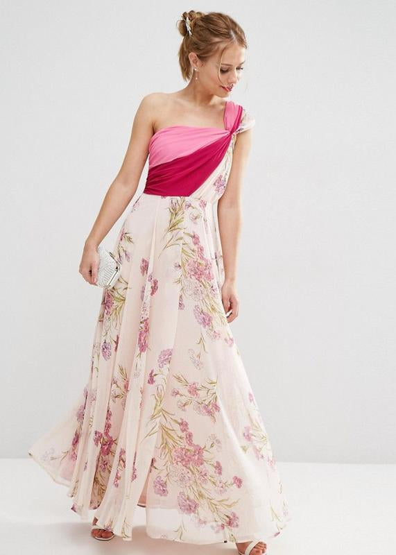 Elegant Floral One Shoulder Chiffon Dress