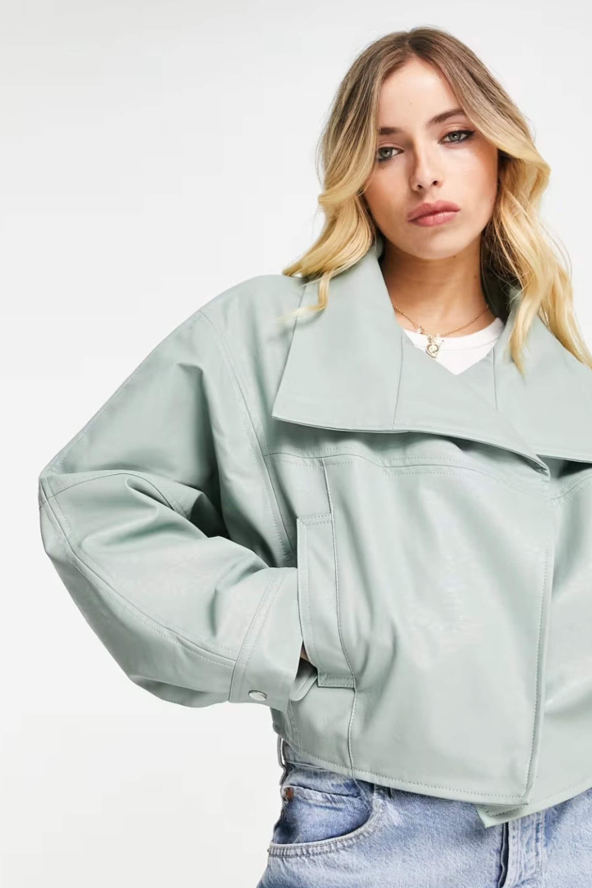 Sage Cropped PU Leather Jacket