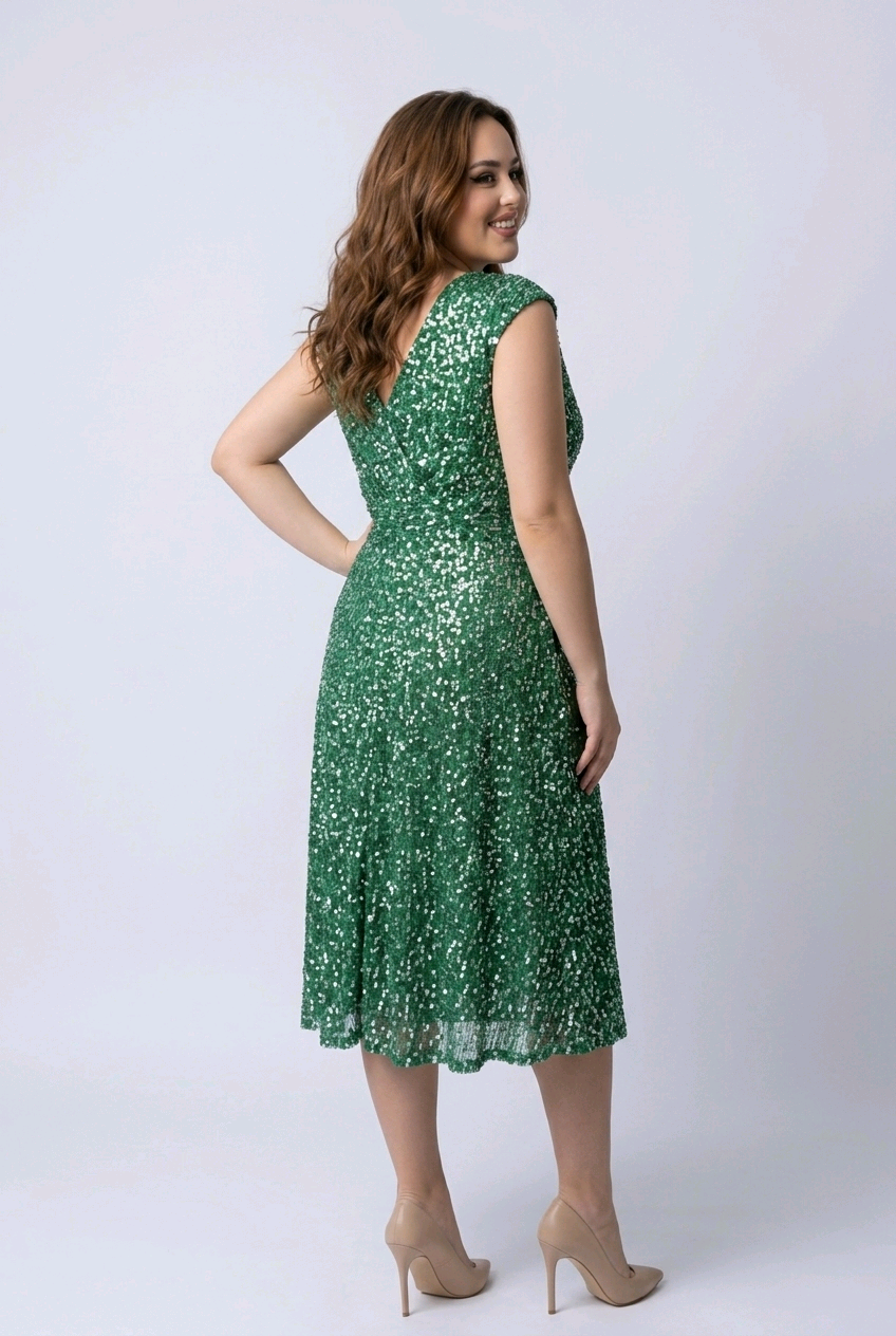 Green and Silver Faux Wrap Midi Dress