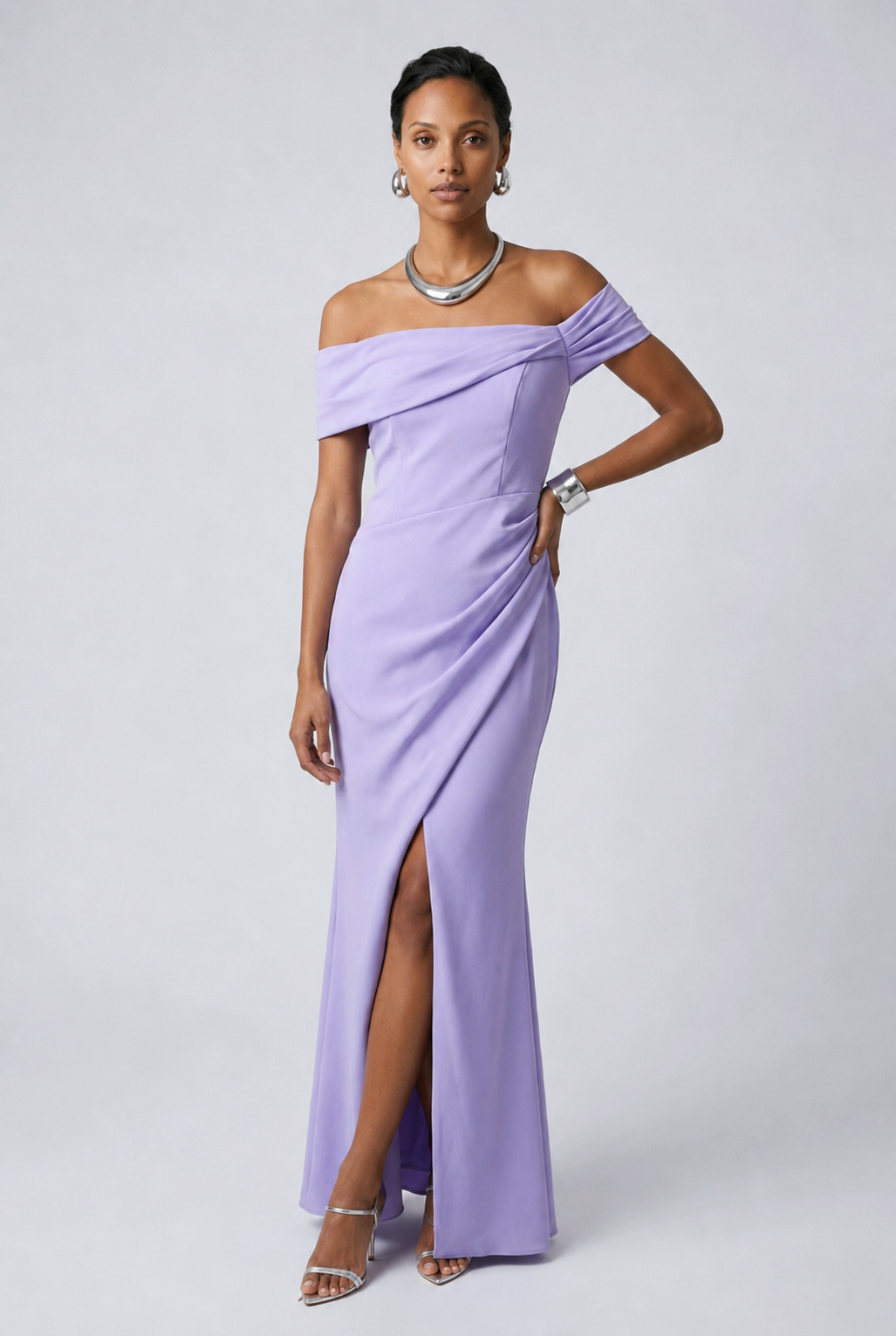 Lilac Bardot Drape Wrap Maxi Dress