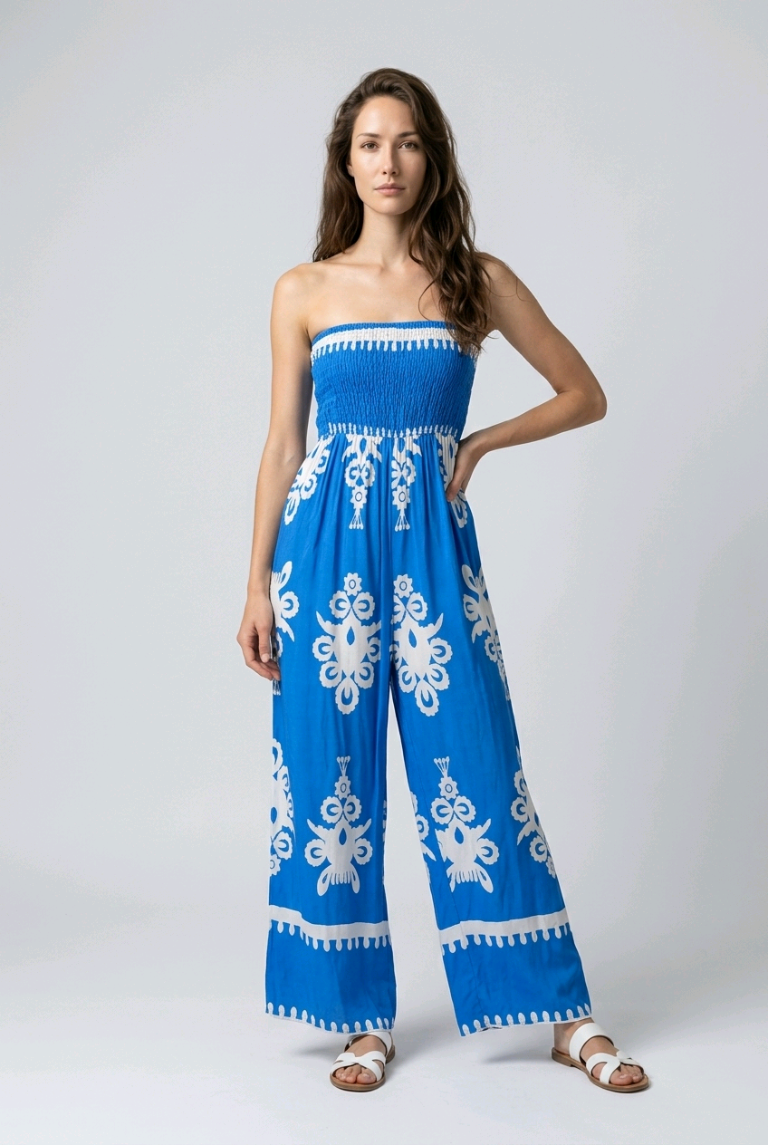 Blue Paisley Strapless Jumpsuit