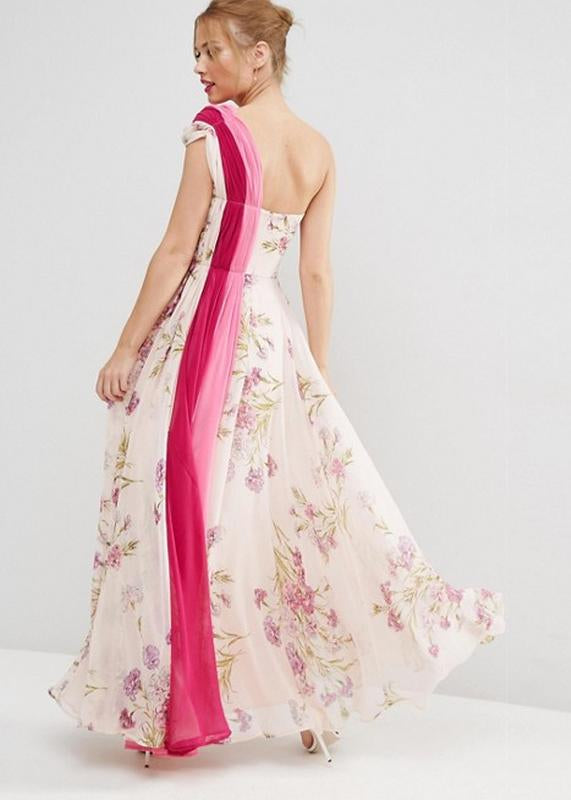 Elegant Floral One Shoulder Chiffon Dress