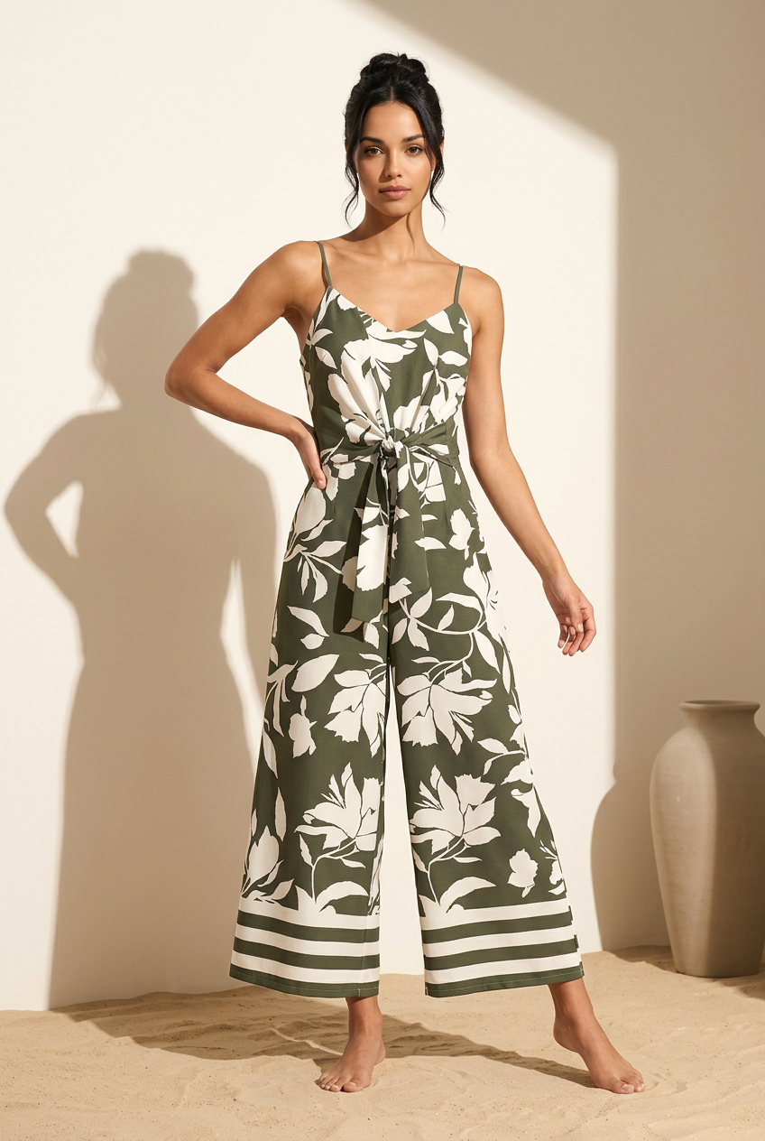 Olive Culotte Botanical Print Jumpsuit