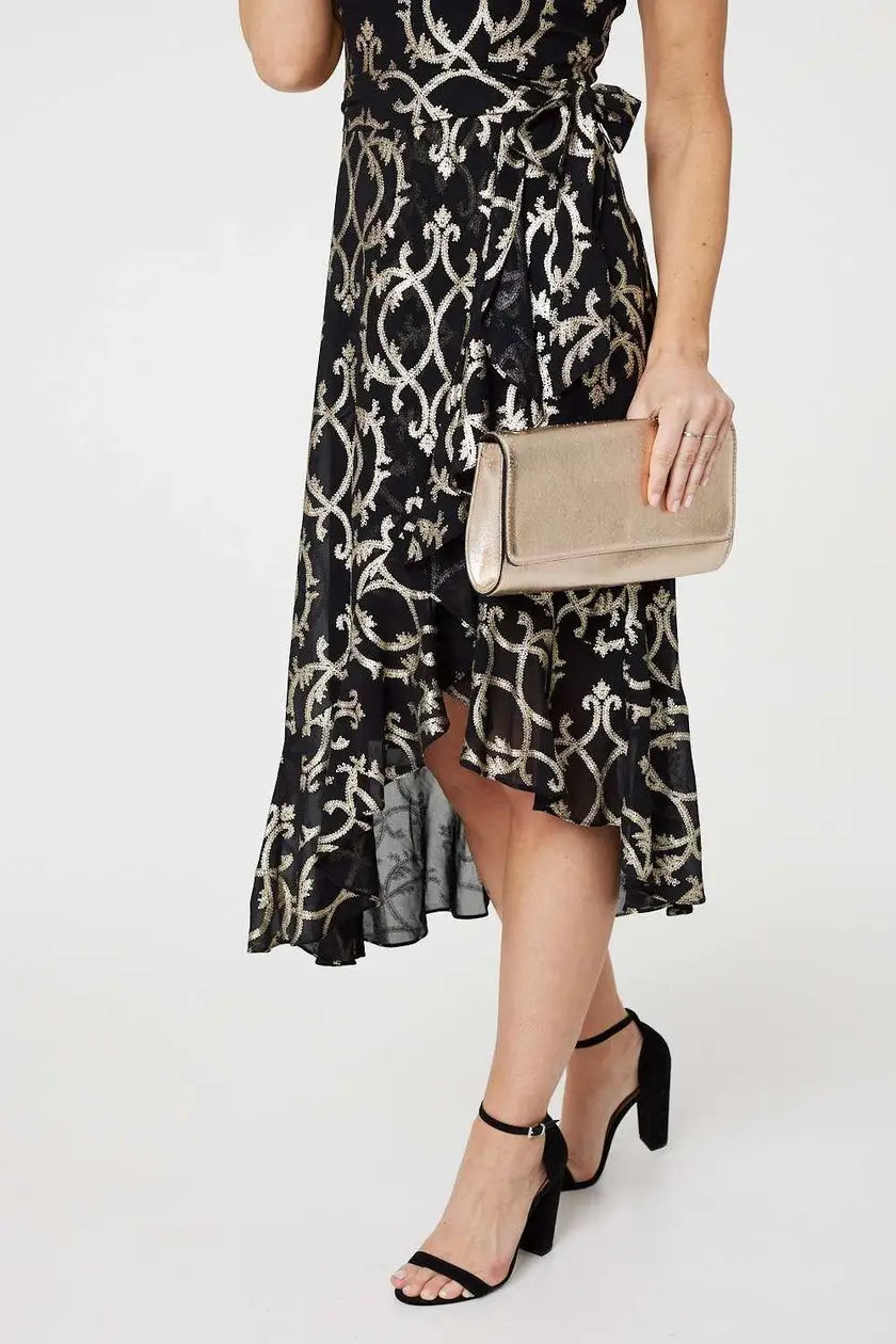 Gold and Black Printed High Low Halter-Neck Midi Dress
