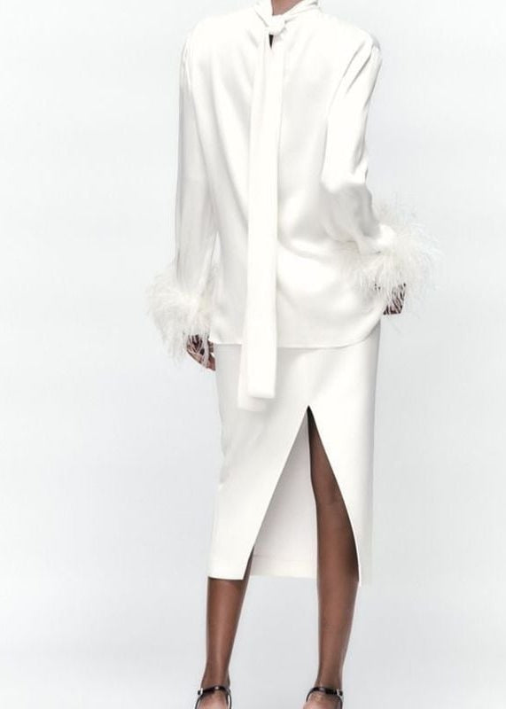 Satin Blouse with Removable Feather Cuffs
