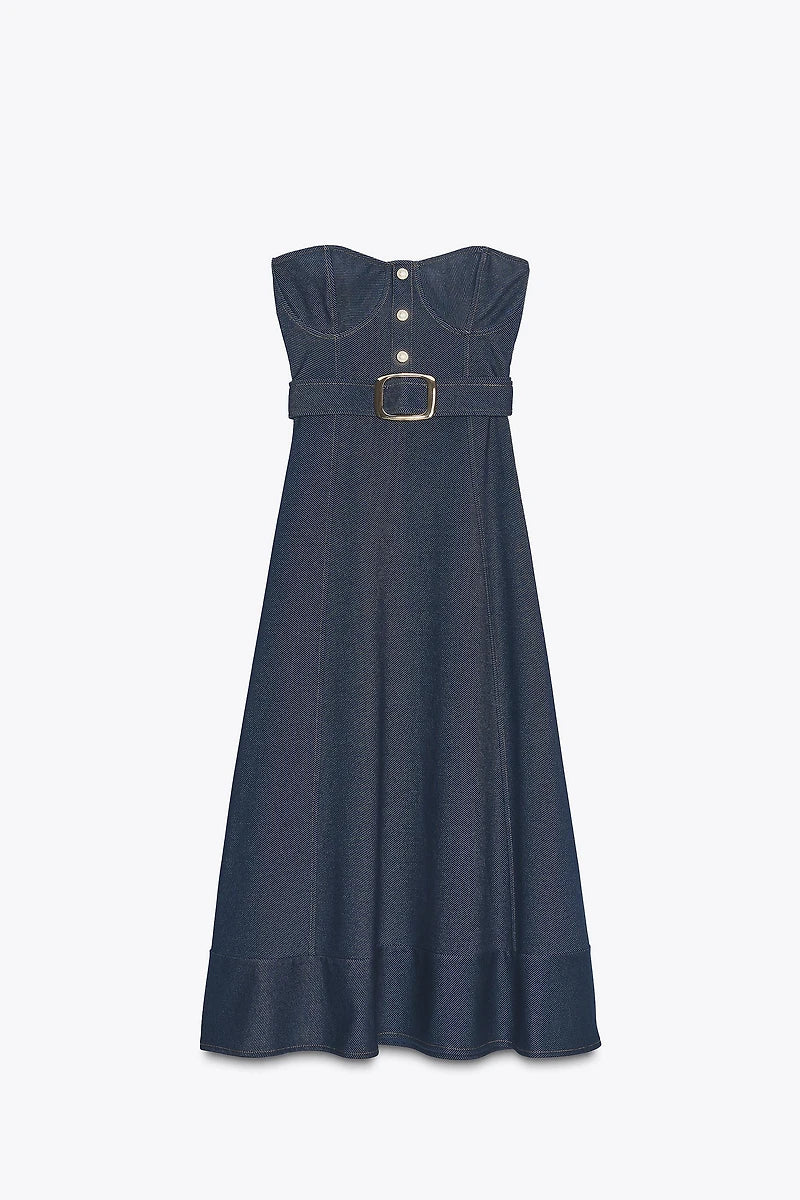 Strapless Denim Belted Midi Dress